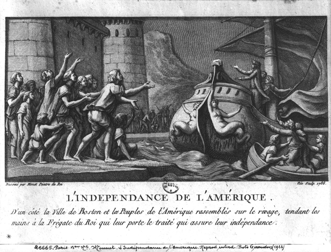The American Independence , en fransk fregatt som brakte traktaten til Boston, gravert av Francois Denis Nee (1732-1817), 1786 av Charles Monnet