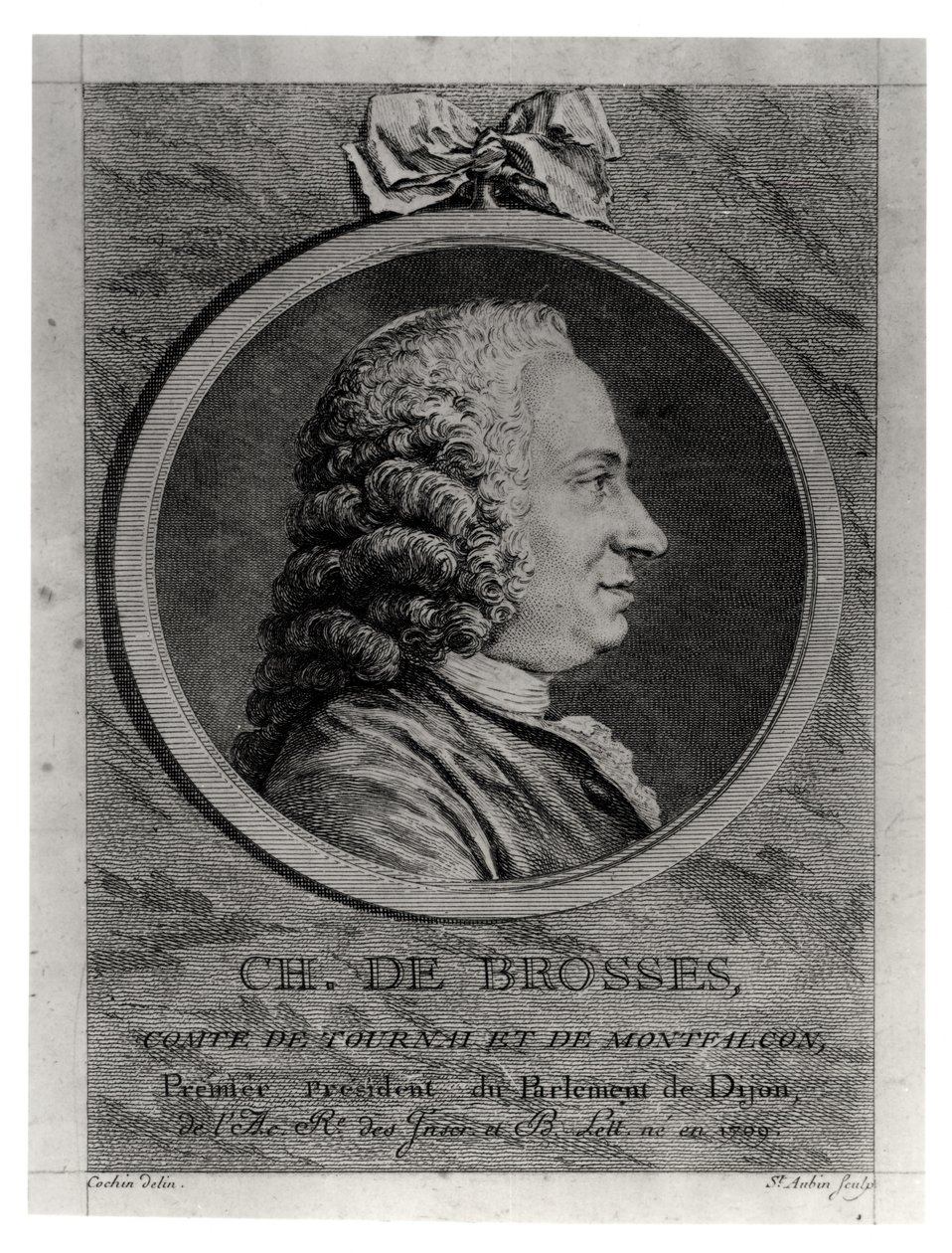 Charles de Brosses (1709-77), greve av Tournai og Montfaucon, gravert av Augustin de Saint-Aubin (1736-1807) av Charles Nicolas II Cochin