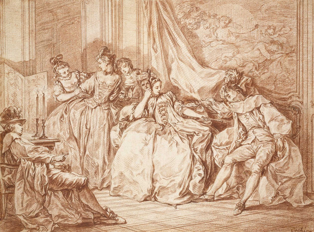 Party of Revelers (grafitt med rødt kritt på off-white papir, kantet med svart blekk) av Charles Nicolas II Cochin