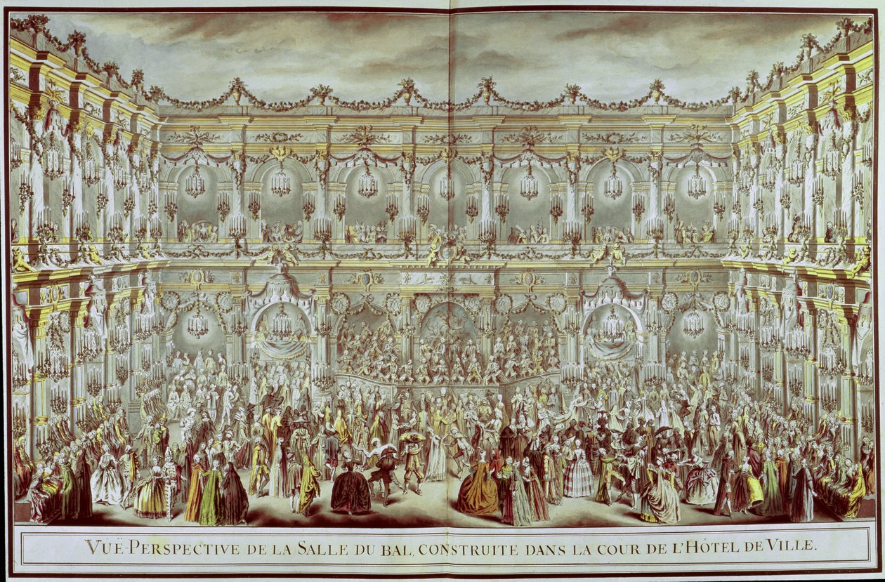 Perspektiv utsikt over ballsalen konstruert i gårdsplassen til Hotel de Ville i Paris i anledning Dauphins første ekteskap med Marie-Therese (1638-83) Infanta of Spain av Charles Nicolas II Cochin