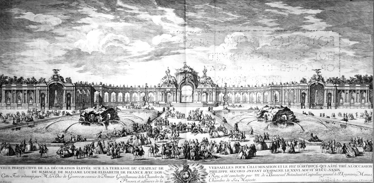 Perspektiv utsikt over terrassen i Versailles i anledning ekteskapet til Louise Elisabeth av Frankrike med Philip av Spania i 1739, gravert av Charles Nicolas Cochin fils, 1741 av Charles Nicolas II Cochin