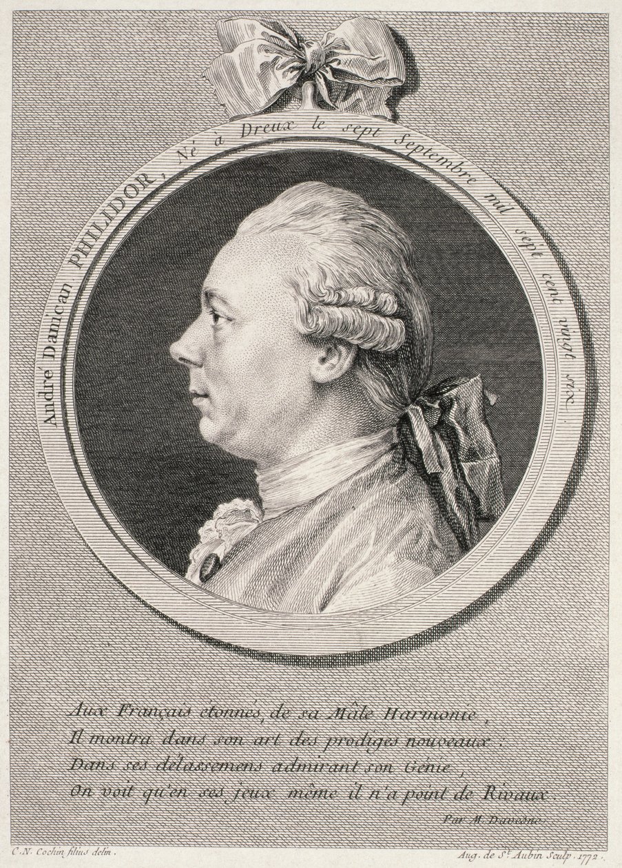 Portrett av Francois-Andre-Danica Philidor (1726-95) gravert av Augustus de Saint-Aubin, 1772 av Charles Nicolas II Cochin