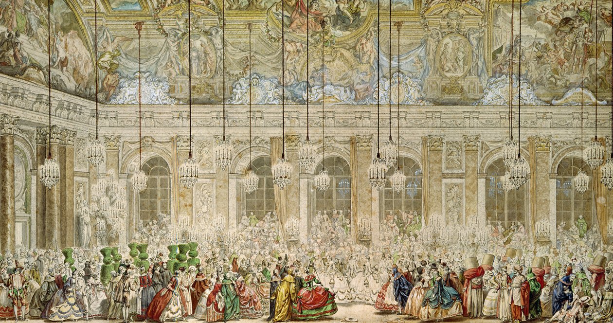 Maskeballet på Galerie des Glaces, 17. februar 1745 (penn og blekk og wc på papir) av Charles Nicolas II Cochin