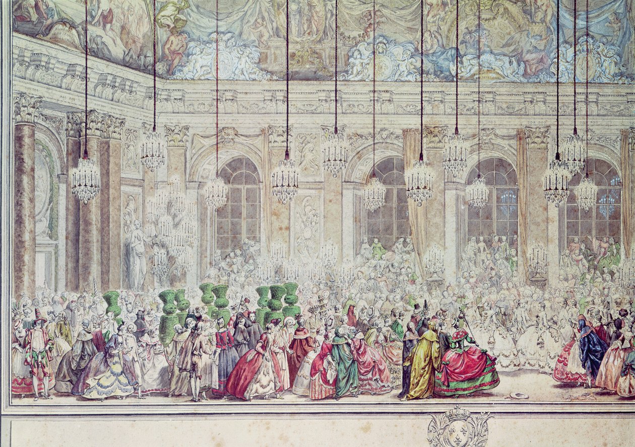 Maskeballet i Galerie des Glaces i anledning Dauphinens ekteskap med Marie-Therese, 17. februar 1745 (penn og blekk og wc på papir) (detaljer) av Charles Nicolas II Cochin