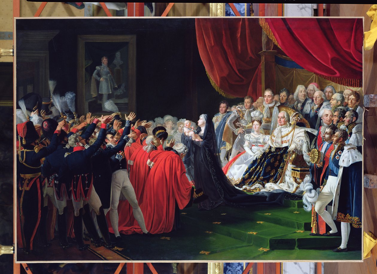 Hertuginne av Berry presenterer hertugen av Bordeaux for folket og hæren, september 1820 av Charles Nicolas Raphael Lafond