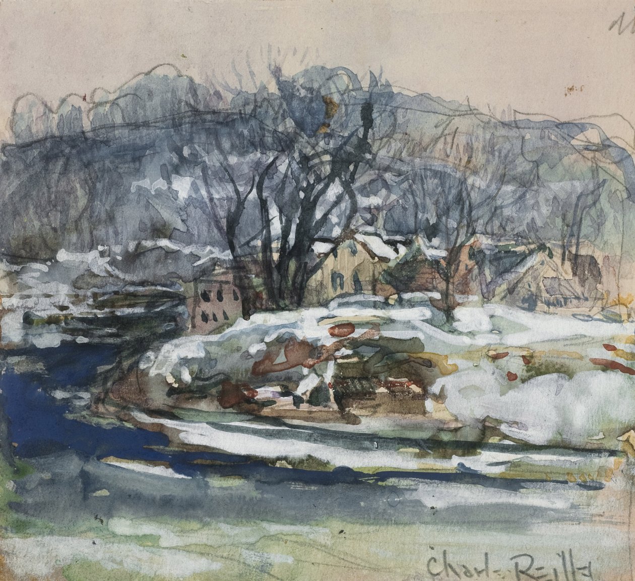 Vinterlandskap (wc og gouache på papir) av Charles P. Reiffel