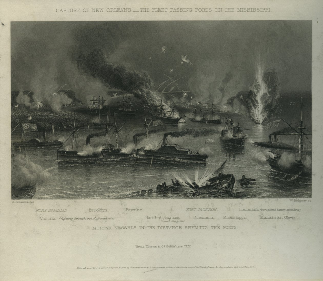 Capture of New Orleans: The Fleet Passing Forts on the Mississippi, ca. 1862 av Charles Parsons