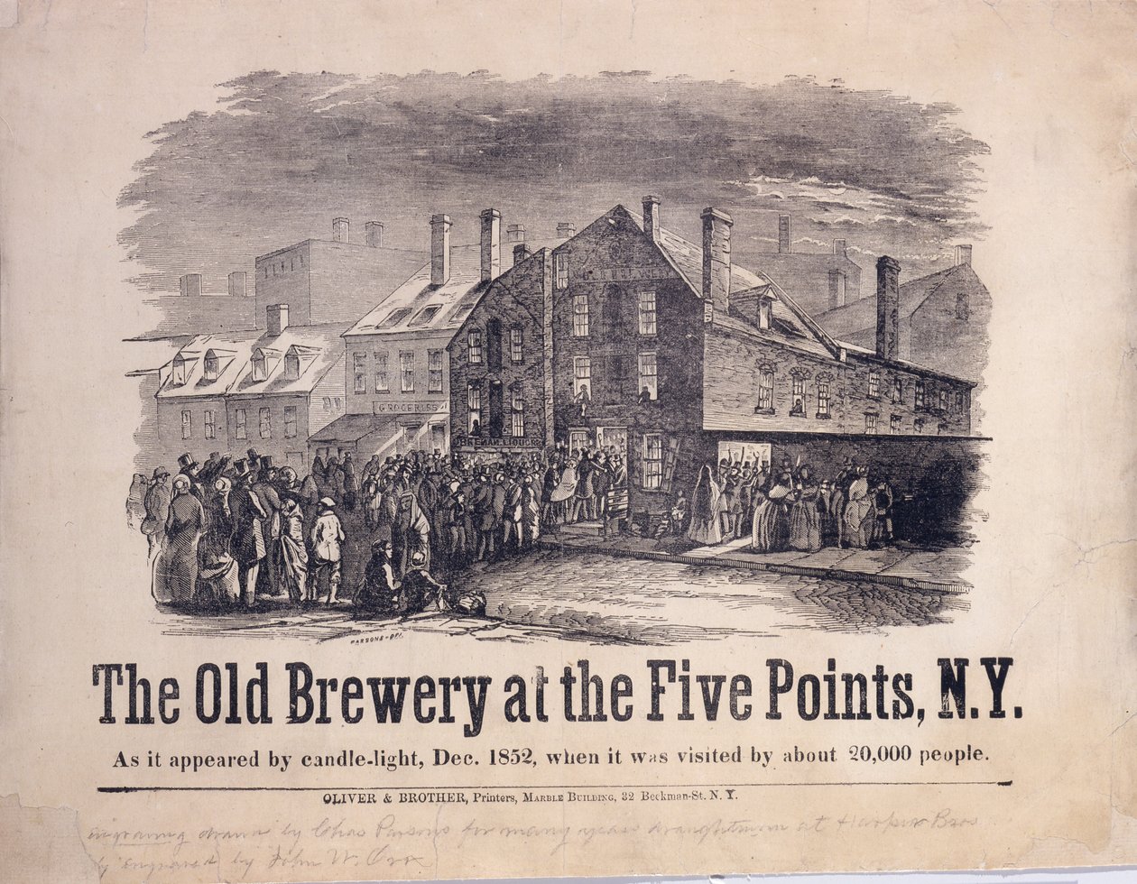 The Old Brewery at the Five Points, New York, slik det dukket opp med levende lys, desember 1852, da det ble besøkt av ca. 20 000 mennesker, gravert av John W. Orr (1815-57), ca. 1853 (tregravering) av Charles Parsons