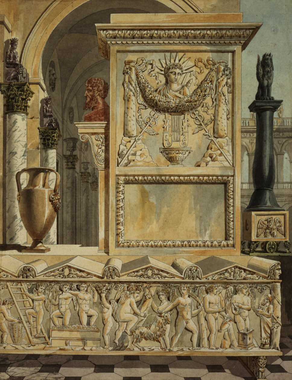 En klassisk Capriccio med en sarkofag, design for en tittelside fra puben 