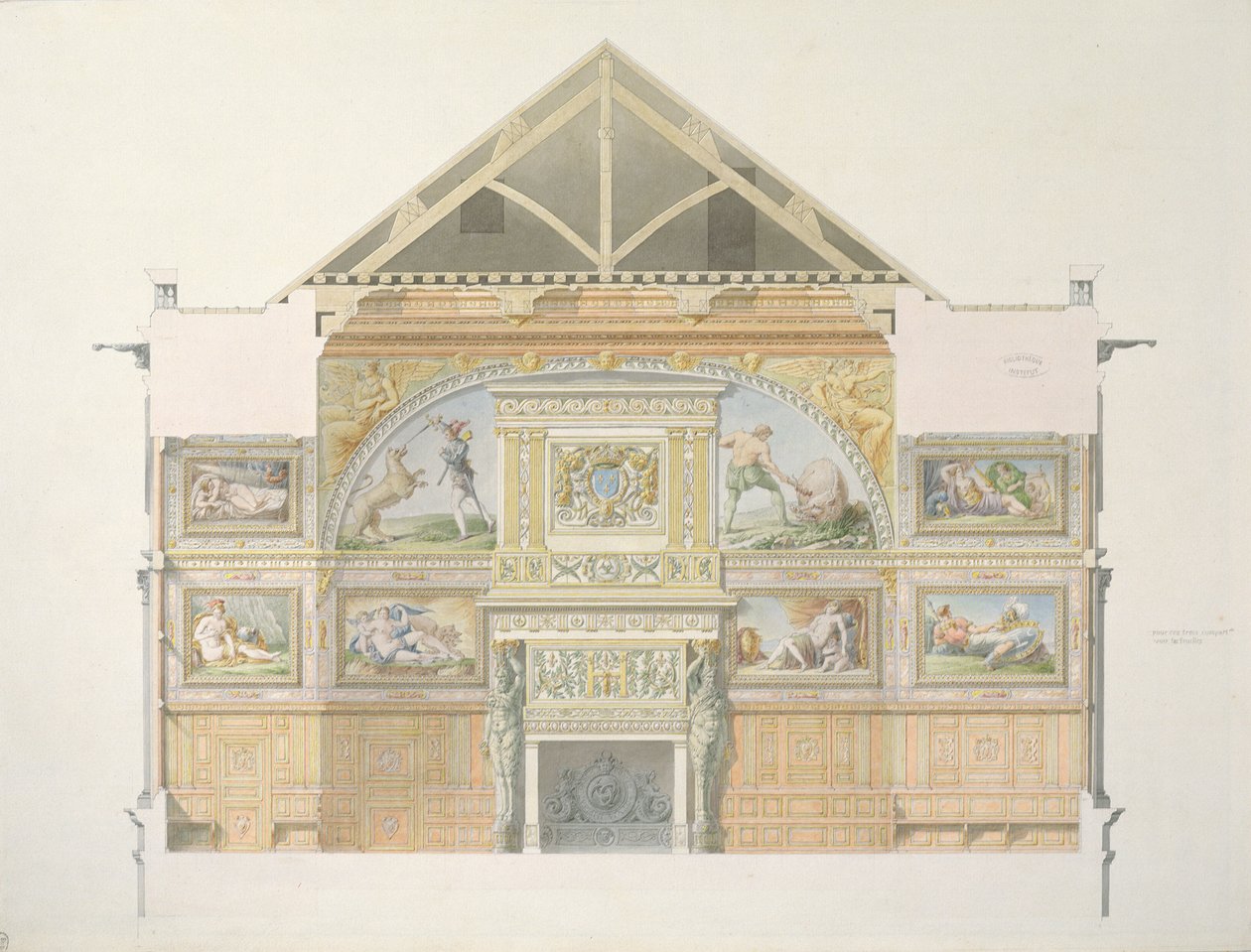 Ms 1014 Forhøyning av ballsalen på Fontainebleau, tallerken fra et album (wc og blyant på papir) av Charles Percier