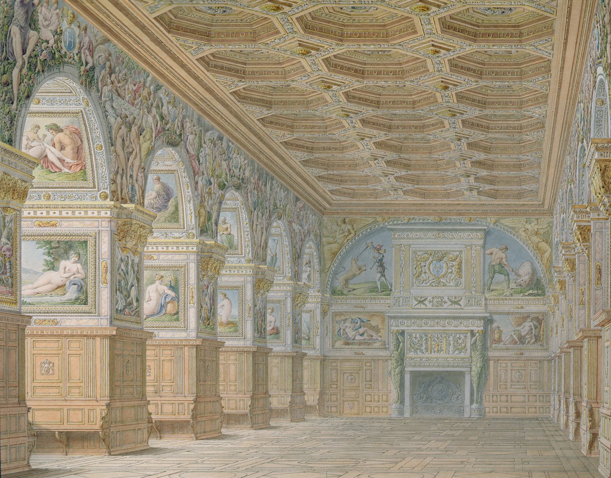 Ms 1014 Ballsalen på Fontainebleau, tallerken fra et album (wc og blyant på papir) av Charles Percier