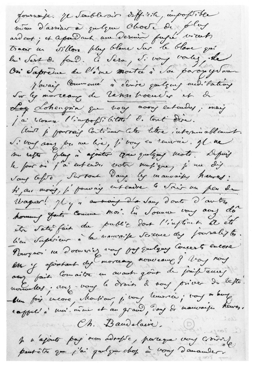 Brev til Richard Wagner (1813-83) 17. februar 1860 (penn og blekk på papir) av Charles Pierre Baudelaire