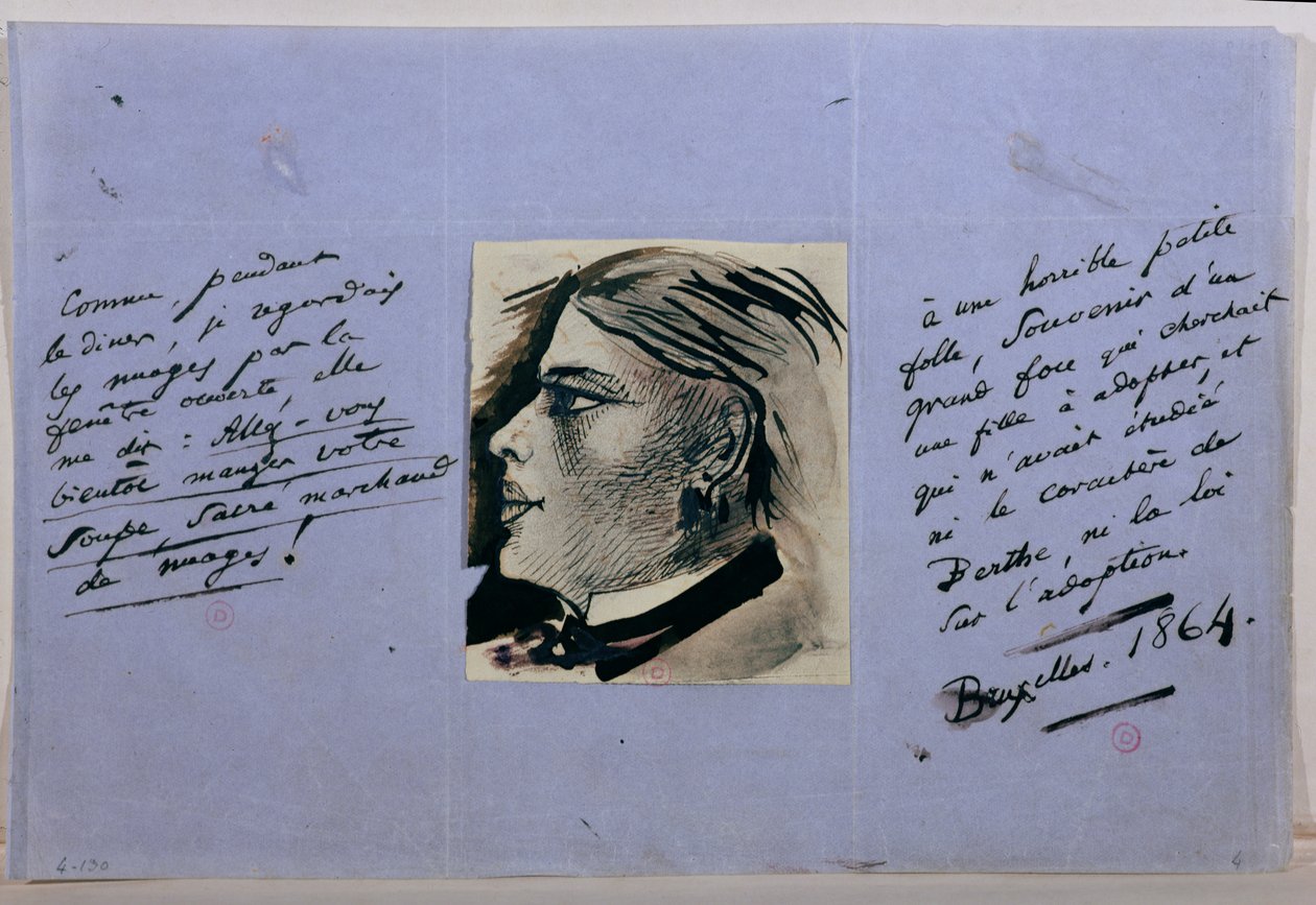 Manuskriptside med portrett av Berthe, Baudelaires siste elskerinne, Brussel 1864 av Charles Pierre Baudelaire