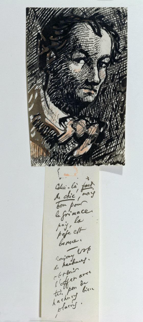 Selvportrett med inskripsjon (penn og blekk og gouache på papir) av Charles Pierre Baudelaire