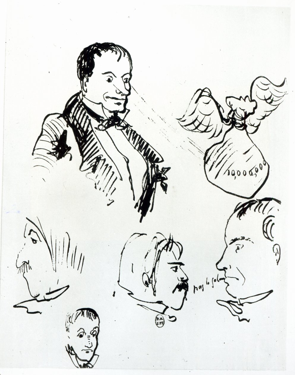 Tre selvportretter og profiler av Jules Champfleury (1821-89) og Charles Asselineau (1820-74) ca. 1857-58 av Charles Pierre Baudelaire