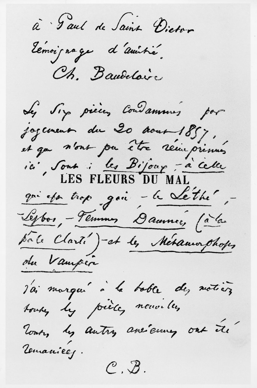Tittelside for den første utgaven av 'Les Fleurs du Mal' med en dedikasjon til Paul de Saint-Victor av Charles Pierre Baudelaire