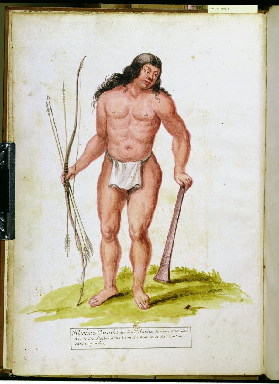 Innfødt i Karibia med våpnene sine, fra et manuskript om planter og sivilisasjon på Antillene, ca. 1686 av Charles Plumier