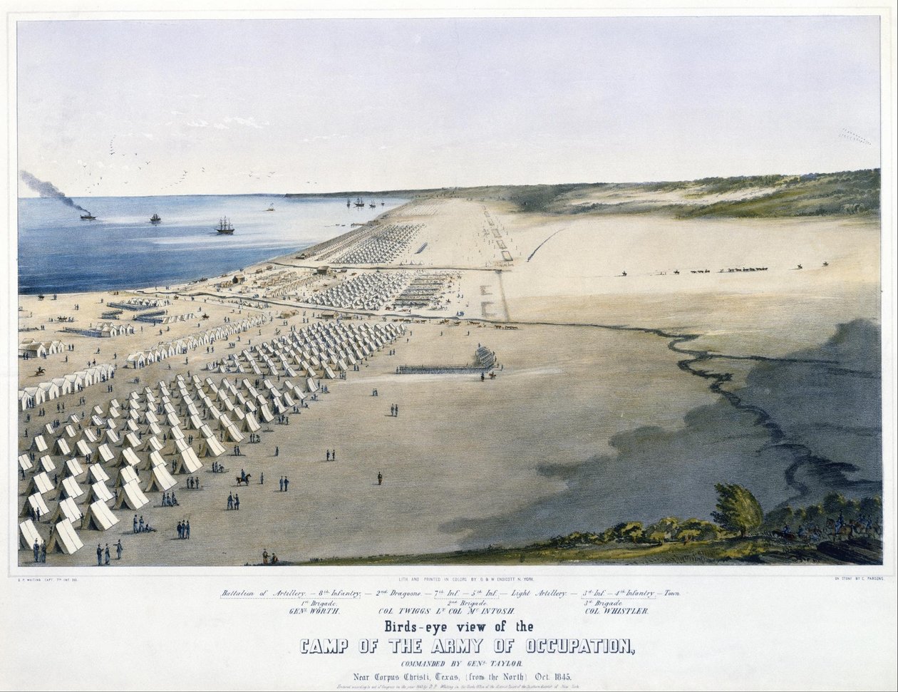 Fugleperspektiv av Camp of the Occupation Army, kommandert av genl. Skredder. Nær Corpus Christ ... av Charles Parsons