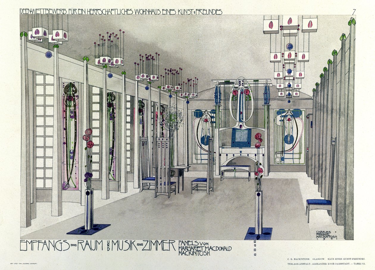 Design for et musikkrom med paneler av Margaret Macdonald Mackintosh (1865-1933) 1901 av Charles Rennie Mackintosh
