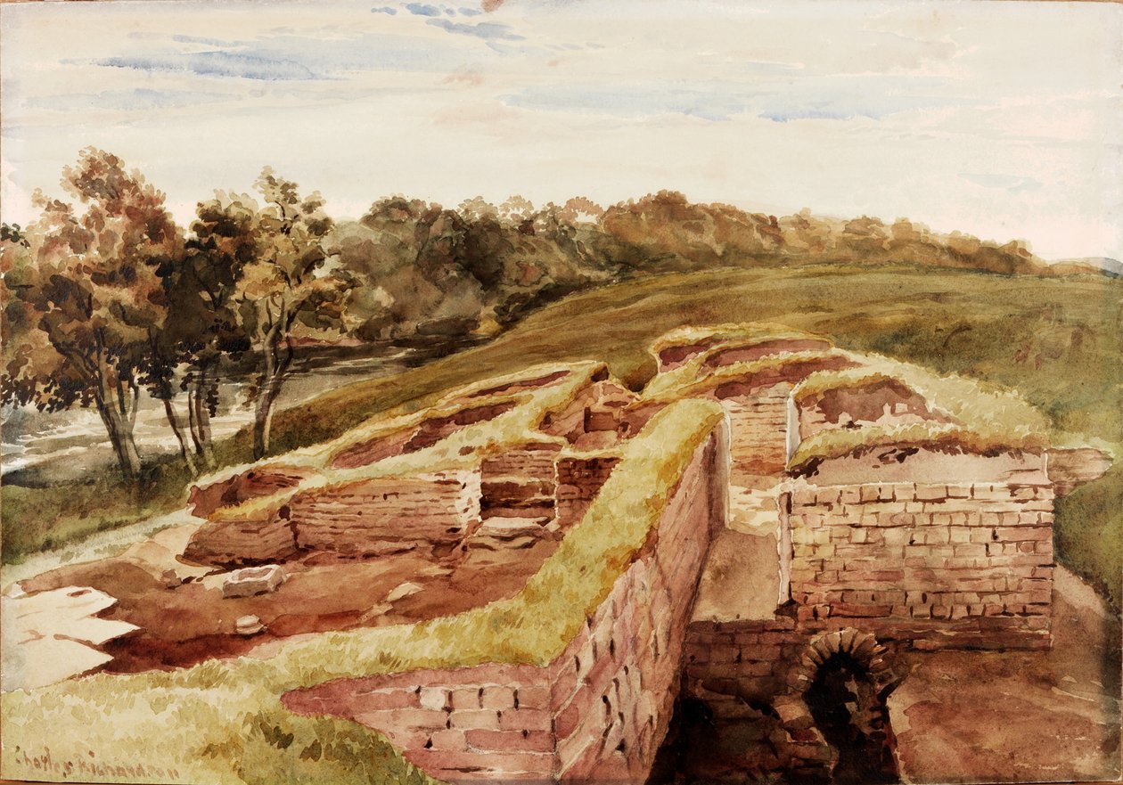 The Roman Baths, Chesters, North Tyne (East View) (kroppsfarge, blyant og wc på papir) av Charles Richardson