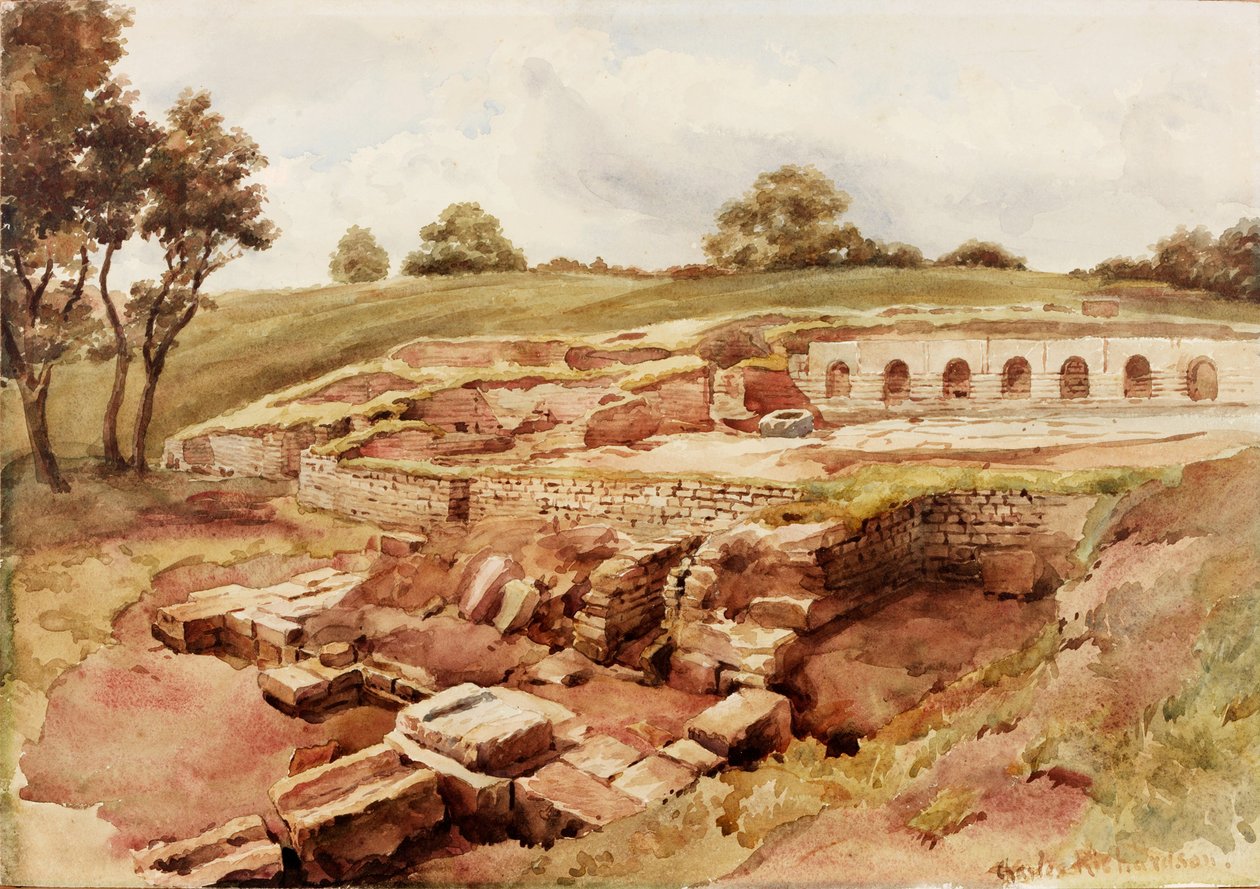 The Roman Baths, Chesters, North Tyne (North View) (kroppsfarge, blyant og wc på papir) av Charles Richardson
