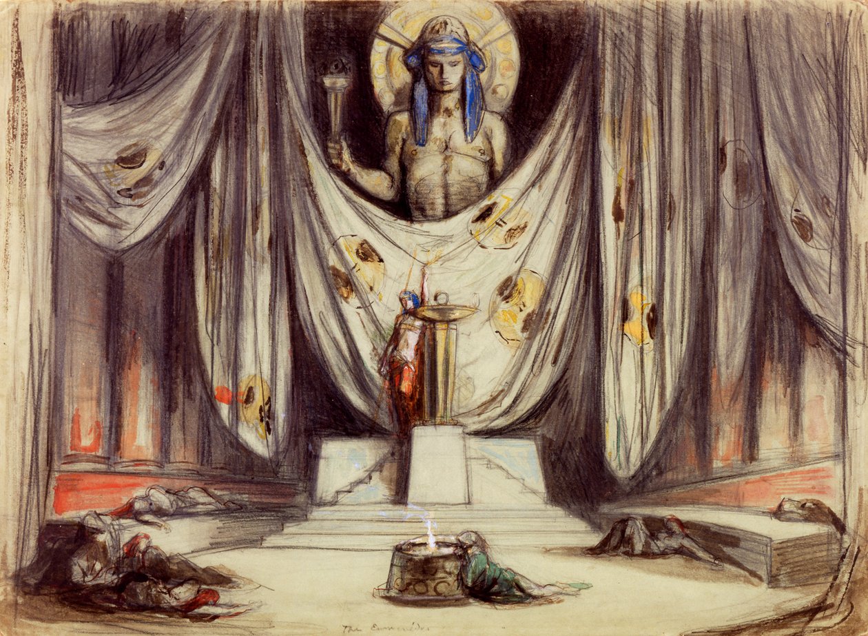 Design for Aeschylus: The Eumenides, ca. 1919 (blyant og wc på papir) av Charles Ricketts