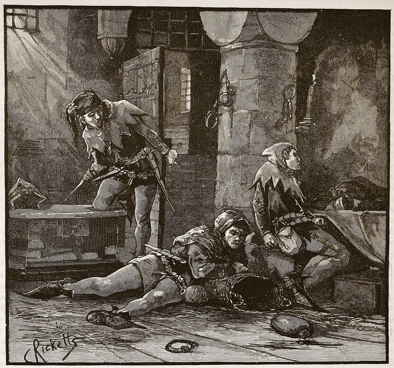 Escape of Roger Mortimer from the Tower, illustrasjon fra 'Cassell's Illustrated History of England' (sepia-bilde) av Charles Ricketts