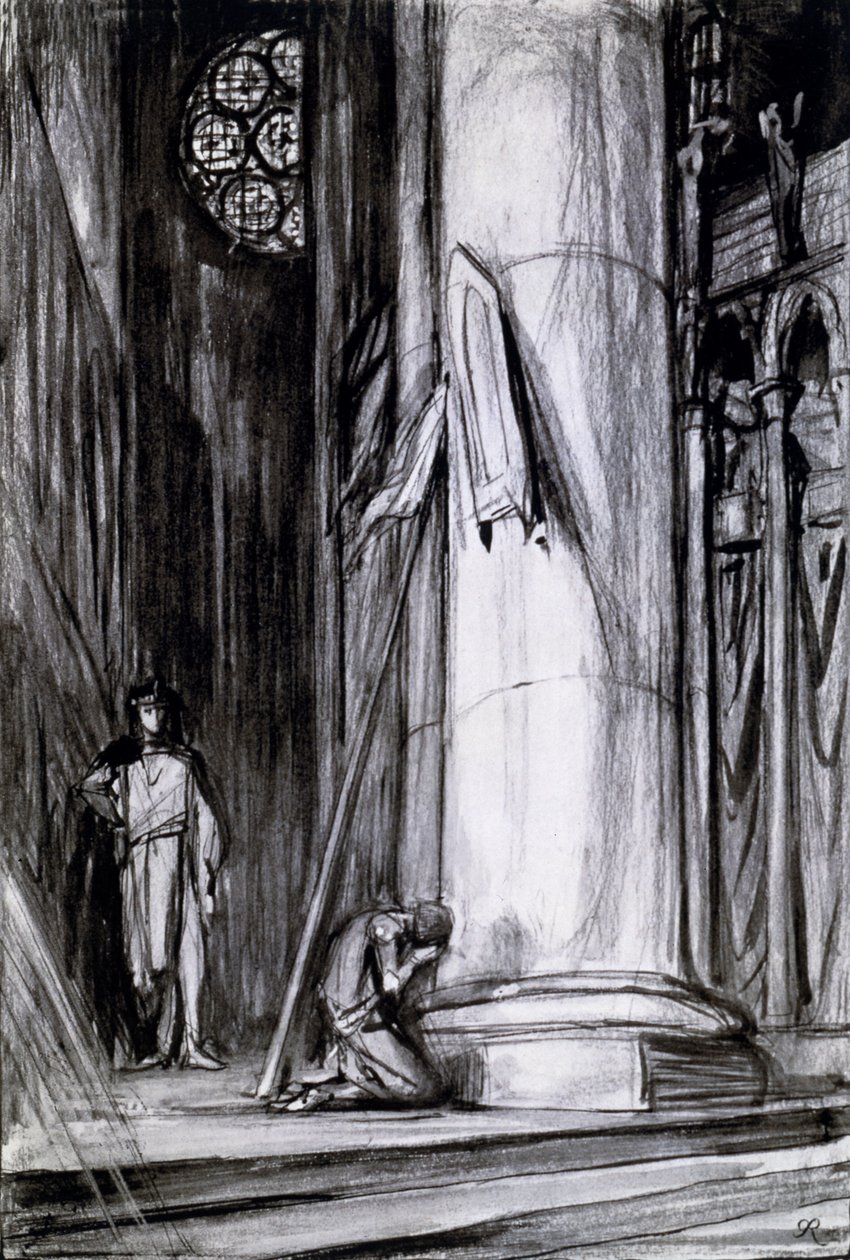 Rheims Cathedral, scene fra 'St Joan' av George Bernard Shaw, ca. 1924 (kull på papir) av Charles Ricketts