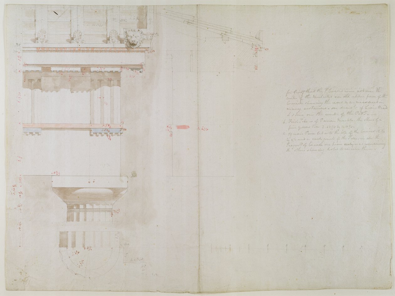 En samling originale tegninger for templer i Bassac: høyde og delvis struktur på taket til templene til Jupiter Panhellenius i Egina, 1860 (vask, wc og grafitt på papir) av Charles Robert Cockerell