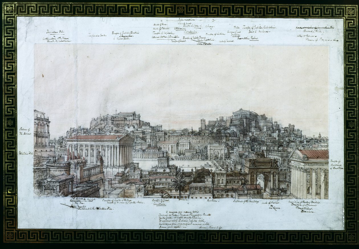 Gjenoppbyggingen av det gamle Roma på Antoninernes tid, ca. 1819 (penn og blekk og wc på papir) av Charles Robert Cockerell