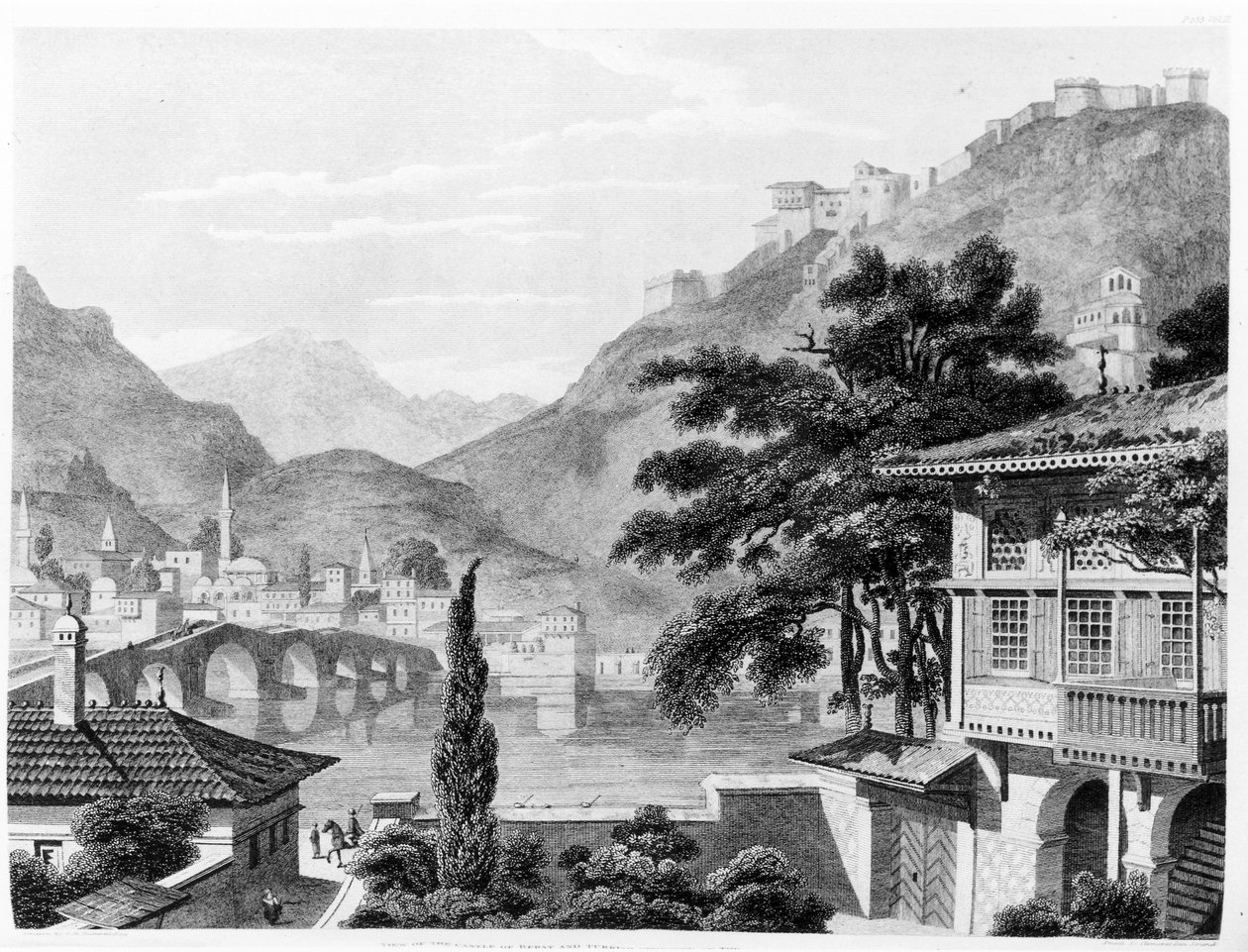 Byen Berat tidlig på 1800-tallet, fra "Reiser på Sicilia, Hellas og Albania" av Thomas Smart Hughes, 1820 av Charles Robert Cockerell
