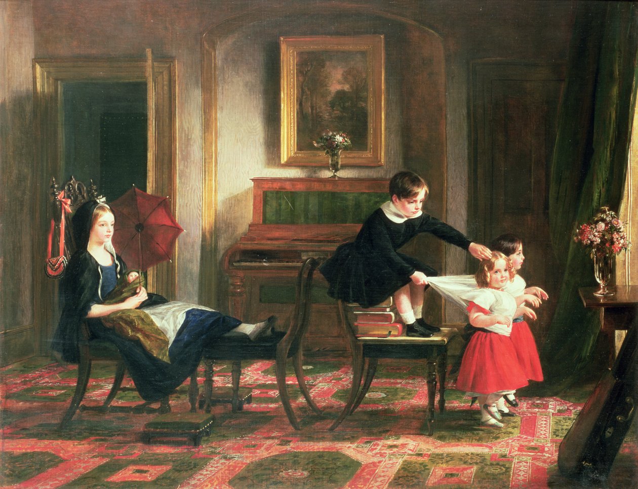 Barn som leker ved kusk og hester, 1800-tallet av Charles Robert Leslie