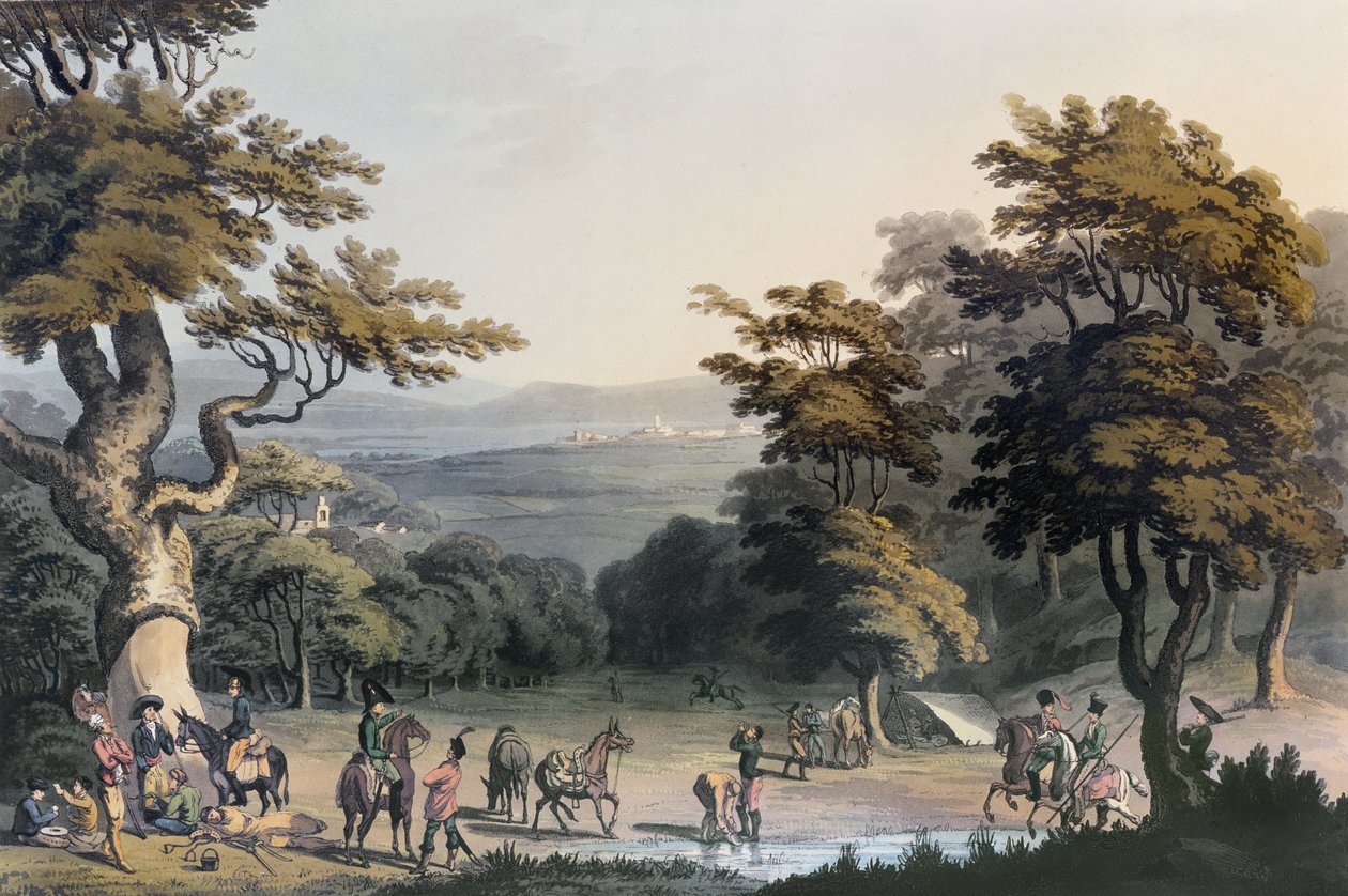 En fjern utsikt over Ciudad Rodrigo tatt fra eikeskogen nær landsbyen Espeja, 1813 av Charles Turner