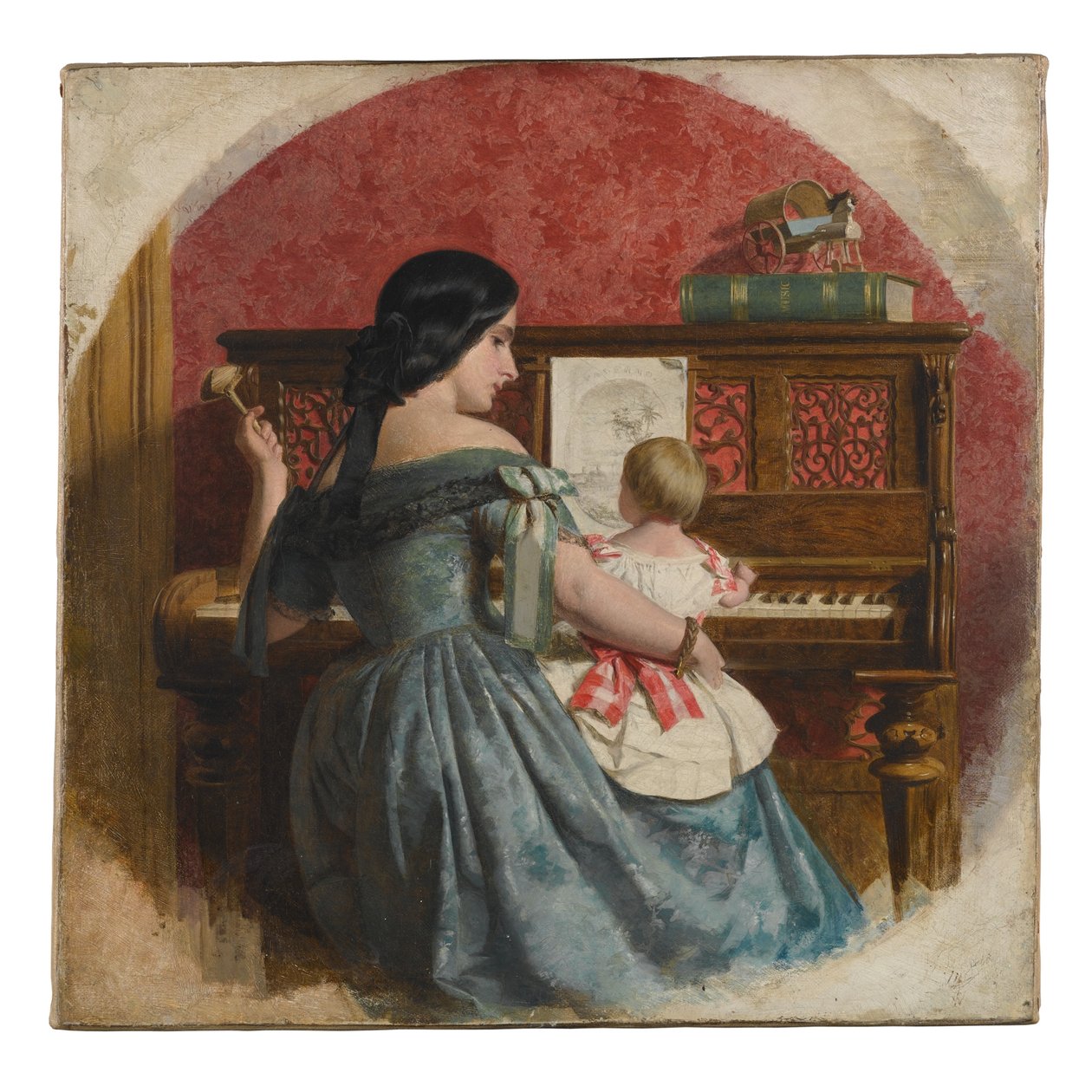 Husinteriør med mor og barn ved et piano, ca. 1860 av Charles West Cope