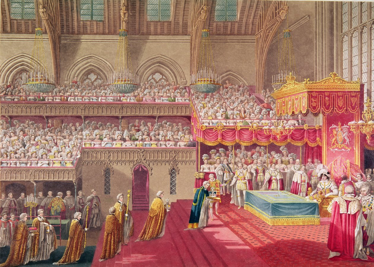Procession of the Dean and Prebendaries of Westminster med Regalia, fra et album som feirer kroningen av kong George IV (1762-1830) 19. juli 1821, gravert av Matthew Dubourg (fl.1786- av Charles Wild