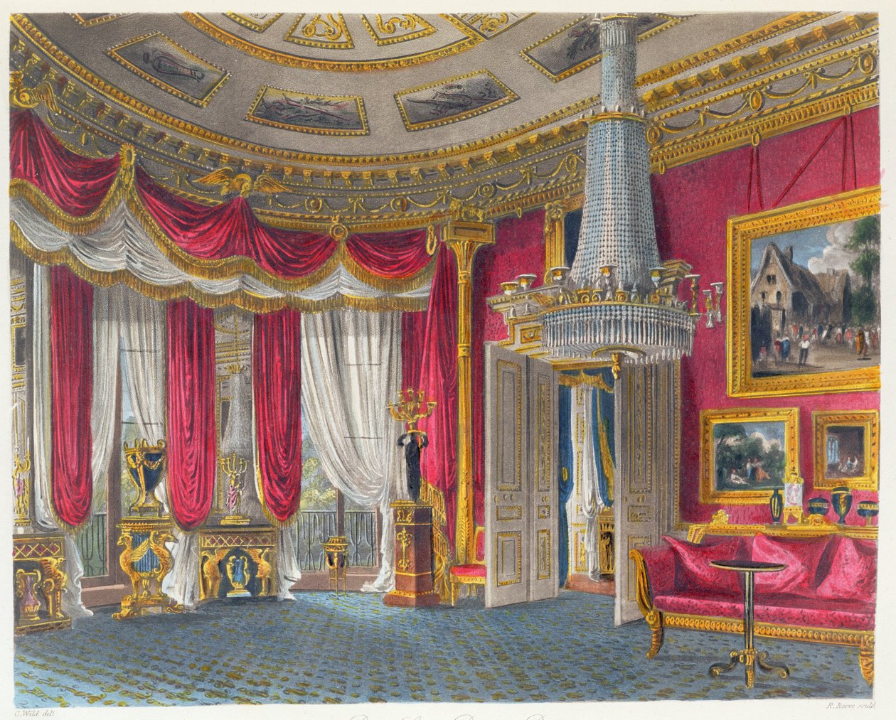 Rose Satin-salongen, Carlton House, med utsikt mot sør-vest, gravert av R. Reeve (fl.1811-37), fra 