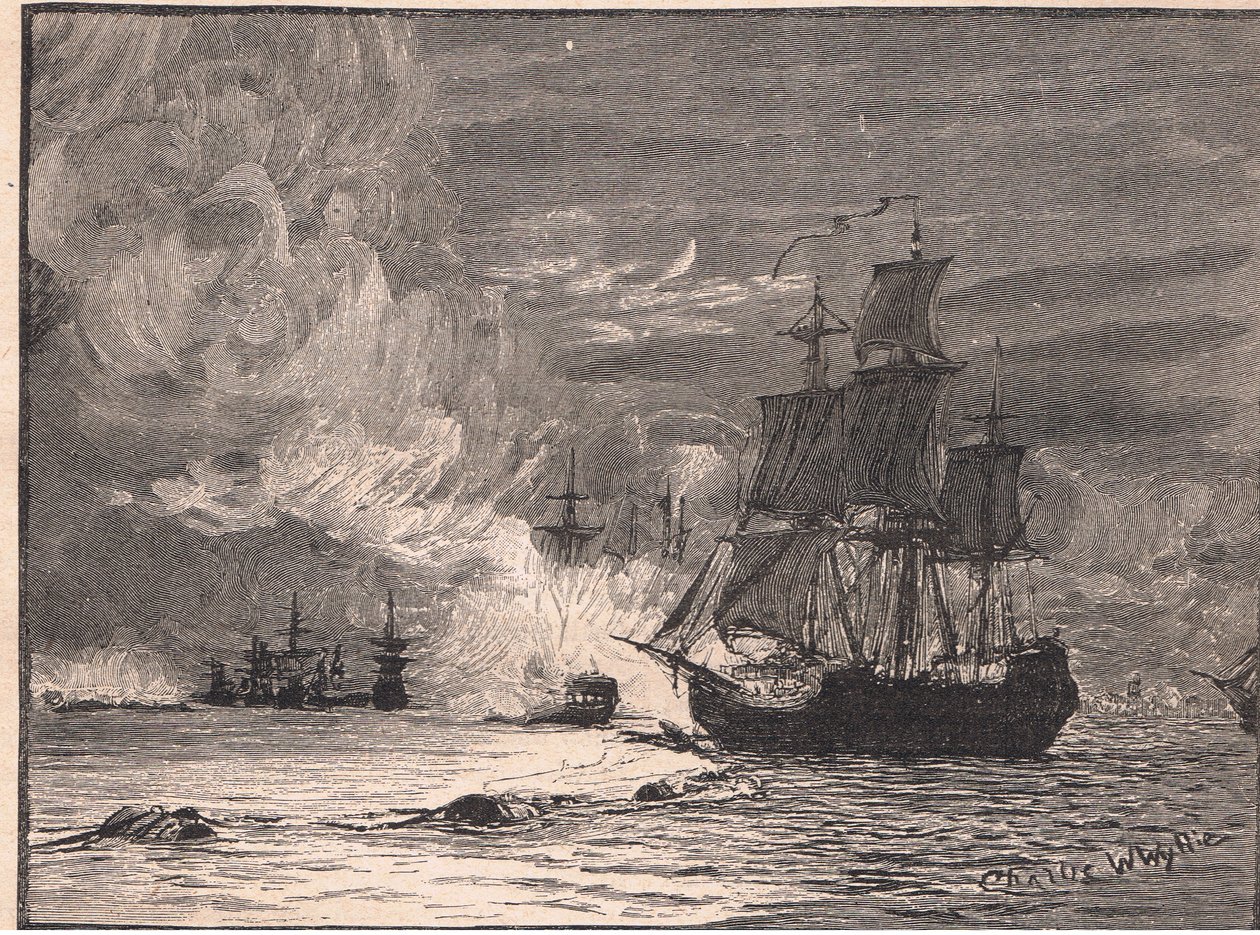 Formidleren bryter bommen ved La Rochelle AD 1810 av Charles William Wyllie