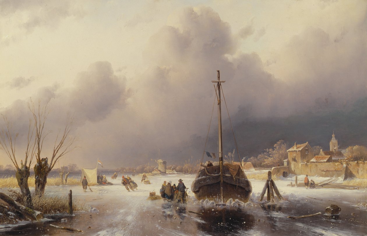 Frossen elv med en båt, 1800-tallet av Charles Henri Joseph Leickert