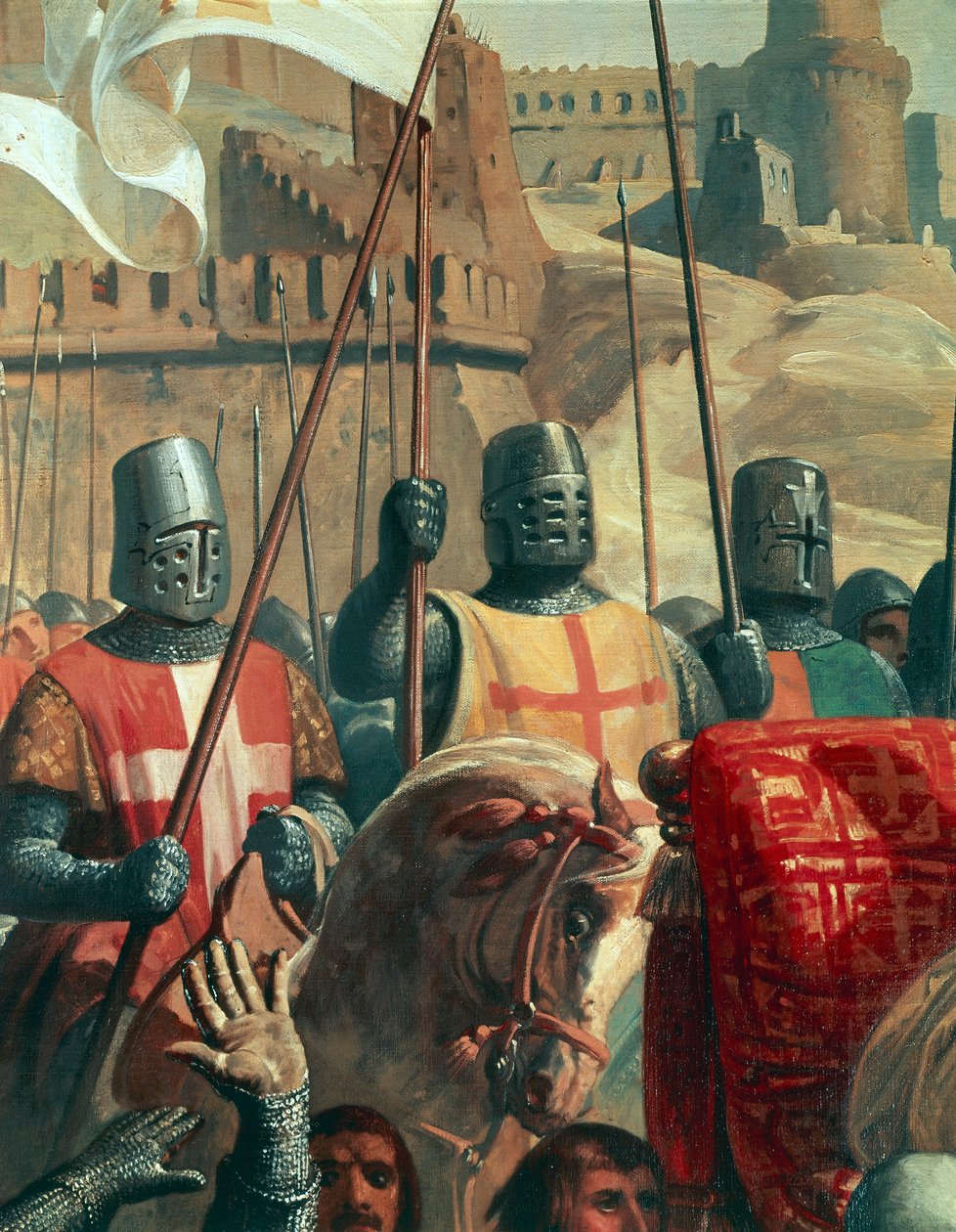 Knights Crusaders, detalj fra slaget ved Ascalon mellom Godfrey av Bouillon og Al Afdals egyptere, maleri av Charles-Philippe Lariviere (1798-1876) av Charles Philippe Lariviere