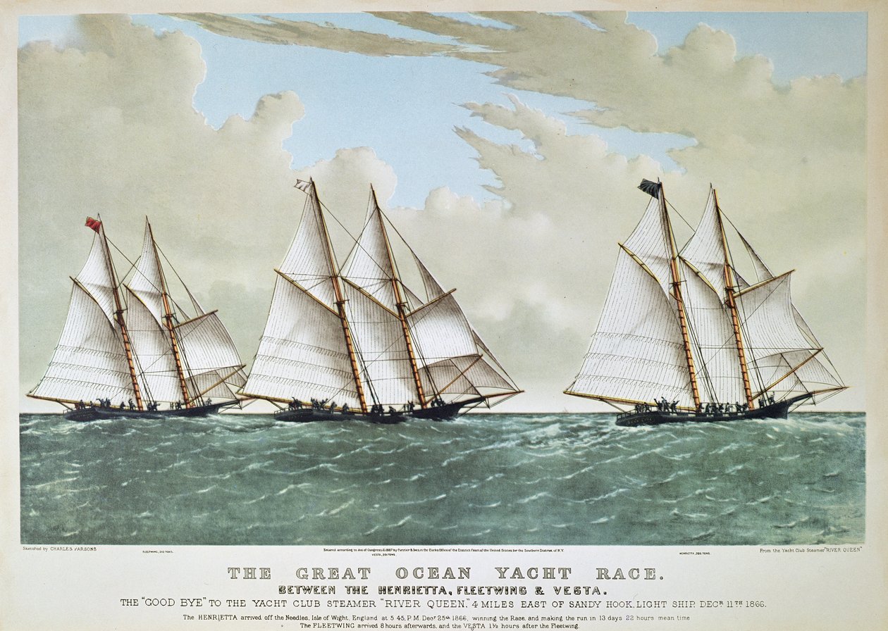 Great Ocean Yacht Race fra 1866 mellom Henrietta, Vesta & Fleetwing, utgitt av Currier & Ives av Charles (after) Parsons