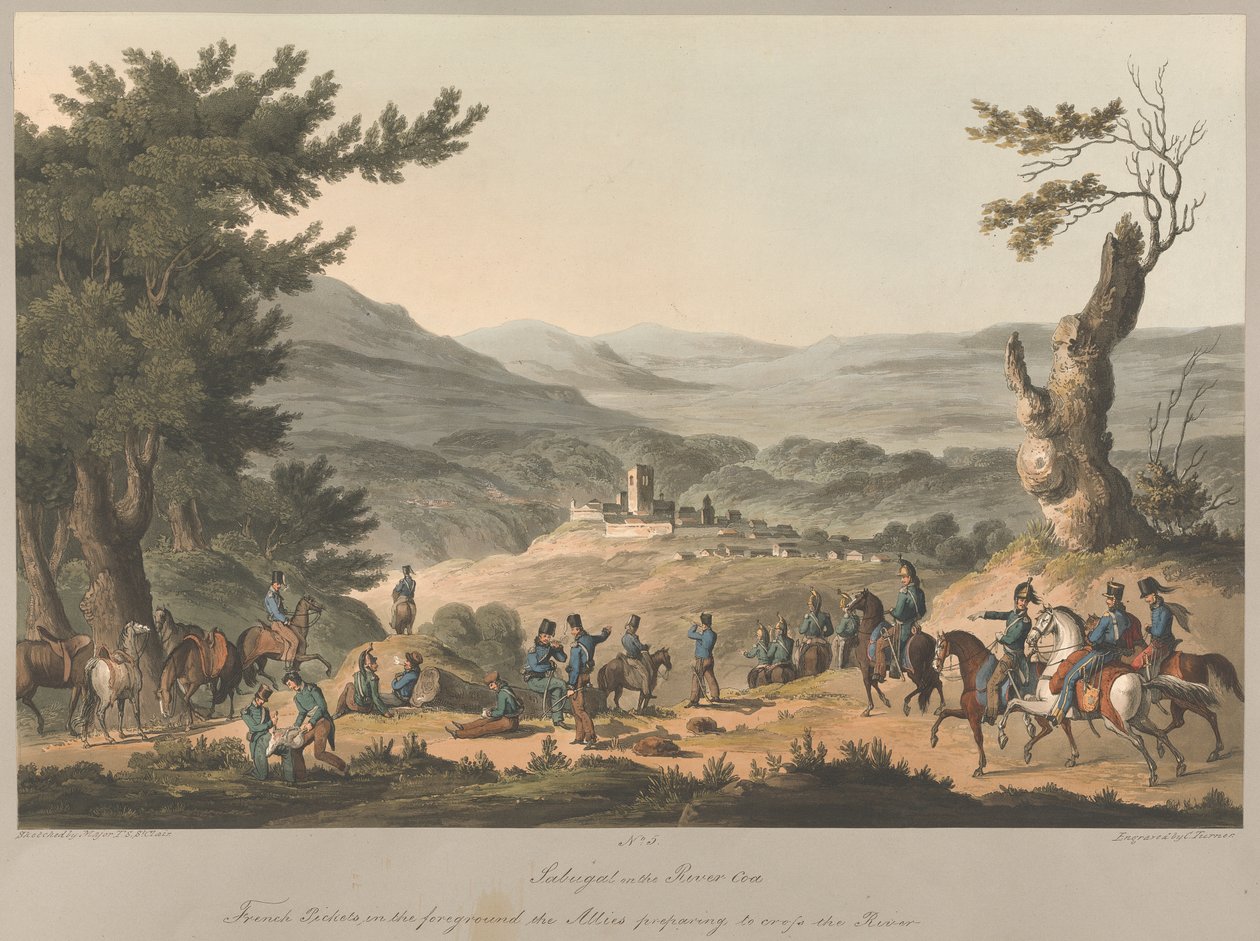 Nr.5. Sabugal ved elven Coa Franske streiker i forgrunnen de allierte forbereder seg på å krysse elven av Charles (after) Turner
