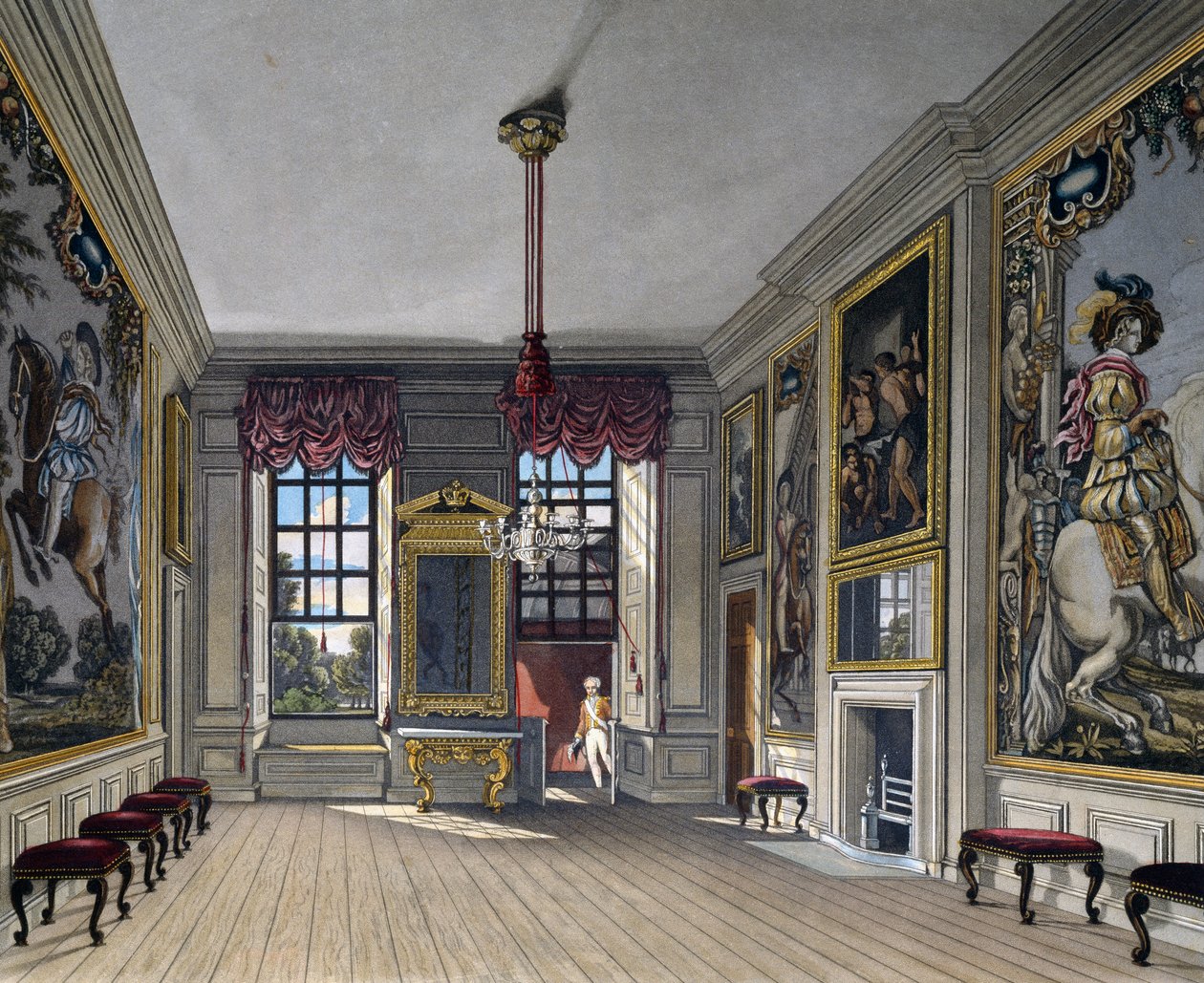Audience Hall of Queen, Gravering av William James Bennett (1787-1844), Basert på design av Charles Wild (1781-1835), Fra The History of the Royal Residences av Charles (after) Wild