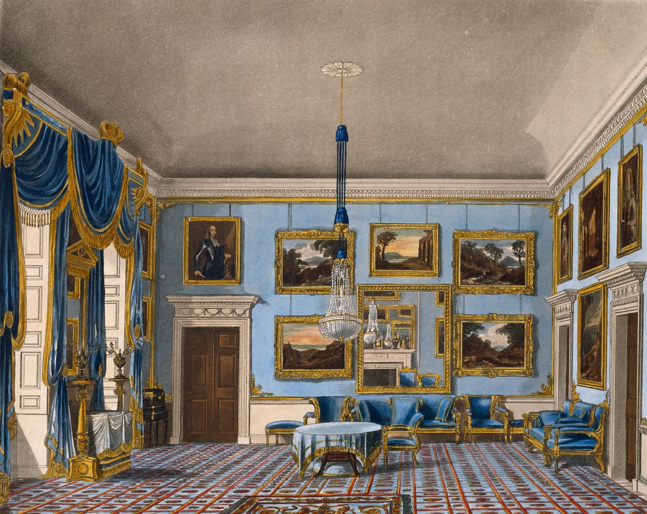 Blå fløyelshall, Gravering av Daniel Havell (1785-1826), Basert på design av Charles Wild (1781-1835), Fra The History of the Royal Residences av Charles (after) Wild