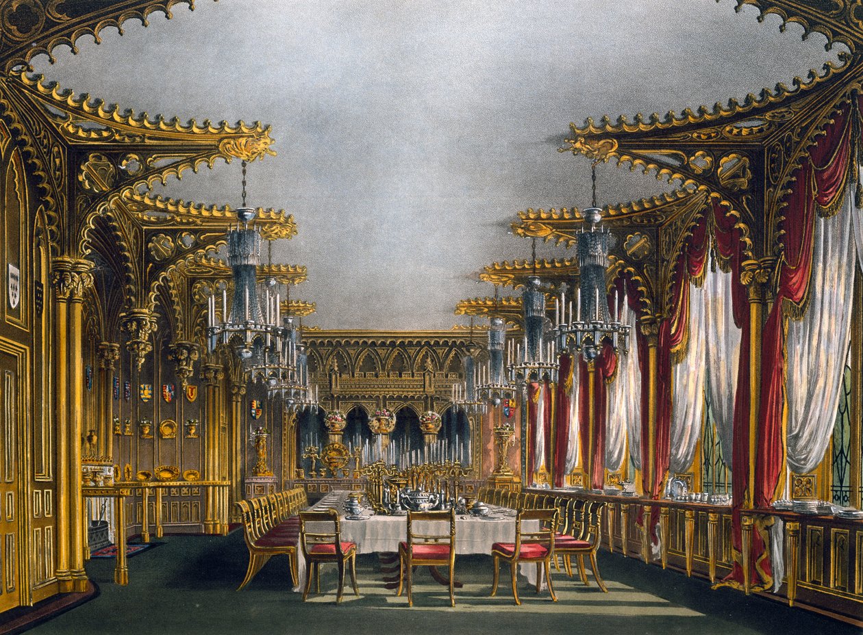 Gotisk spisestue, gravering av Thomas Sutherland (1785-1838), Basert på design av Charles Wild (1781-1835), Fra The History of the Royal Residences av Charles (after) Wild