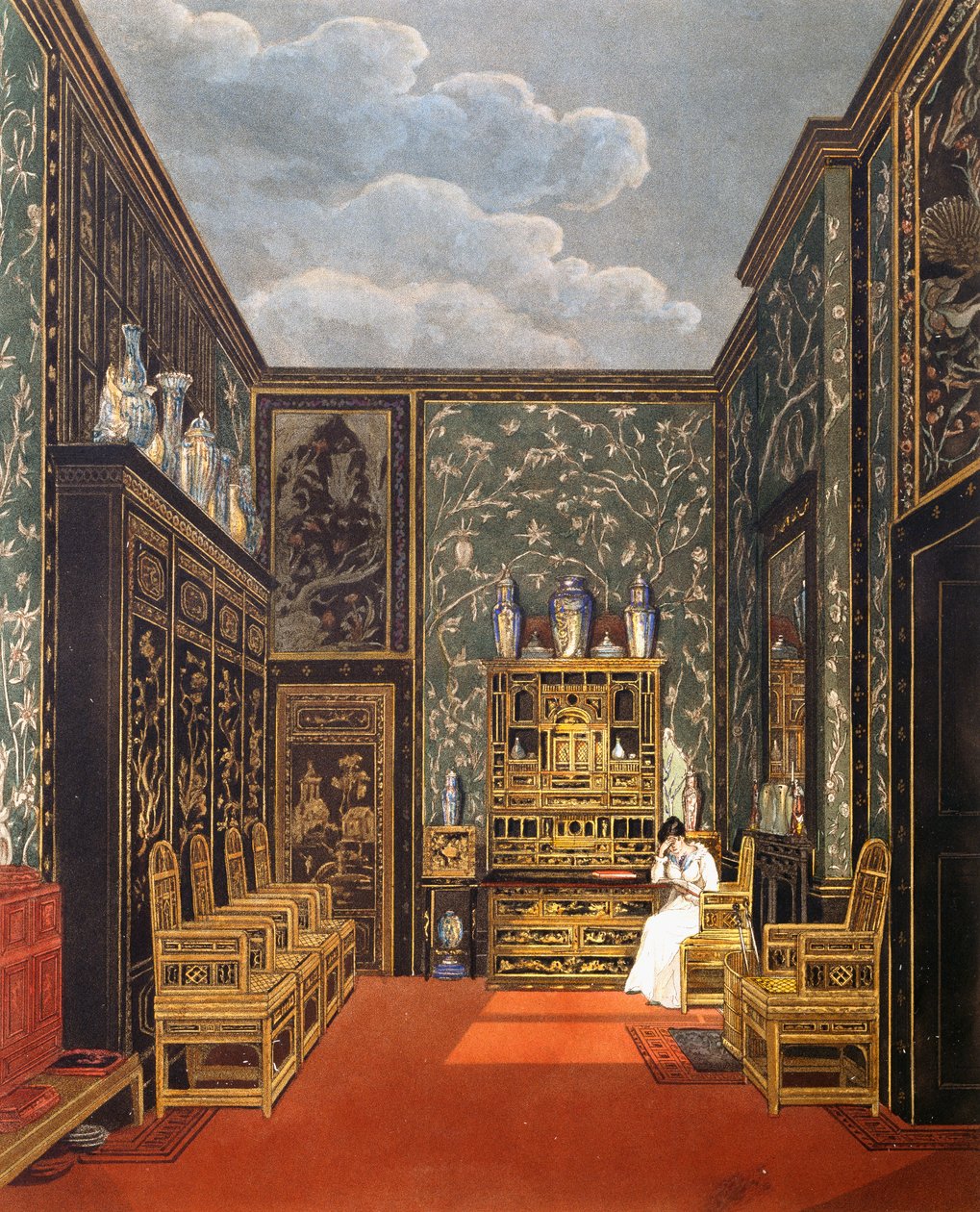 Grønt tilbaketrekningsrom, Gravering av William James Bennett (1787-1844), Basert på design av Charles Wild (1781-1835), Fra The History of the Royal Residences av Charles (after) Wild