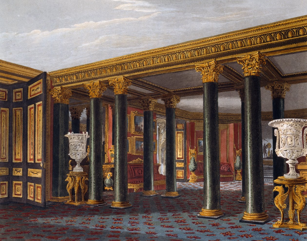 Nedre vestibyle, gravering av Richard Reeve (født i 1780), Basert på design av Charles Wild (1781-1835), Fra The History of the Royal Residences av Charles (after) Wild