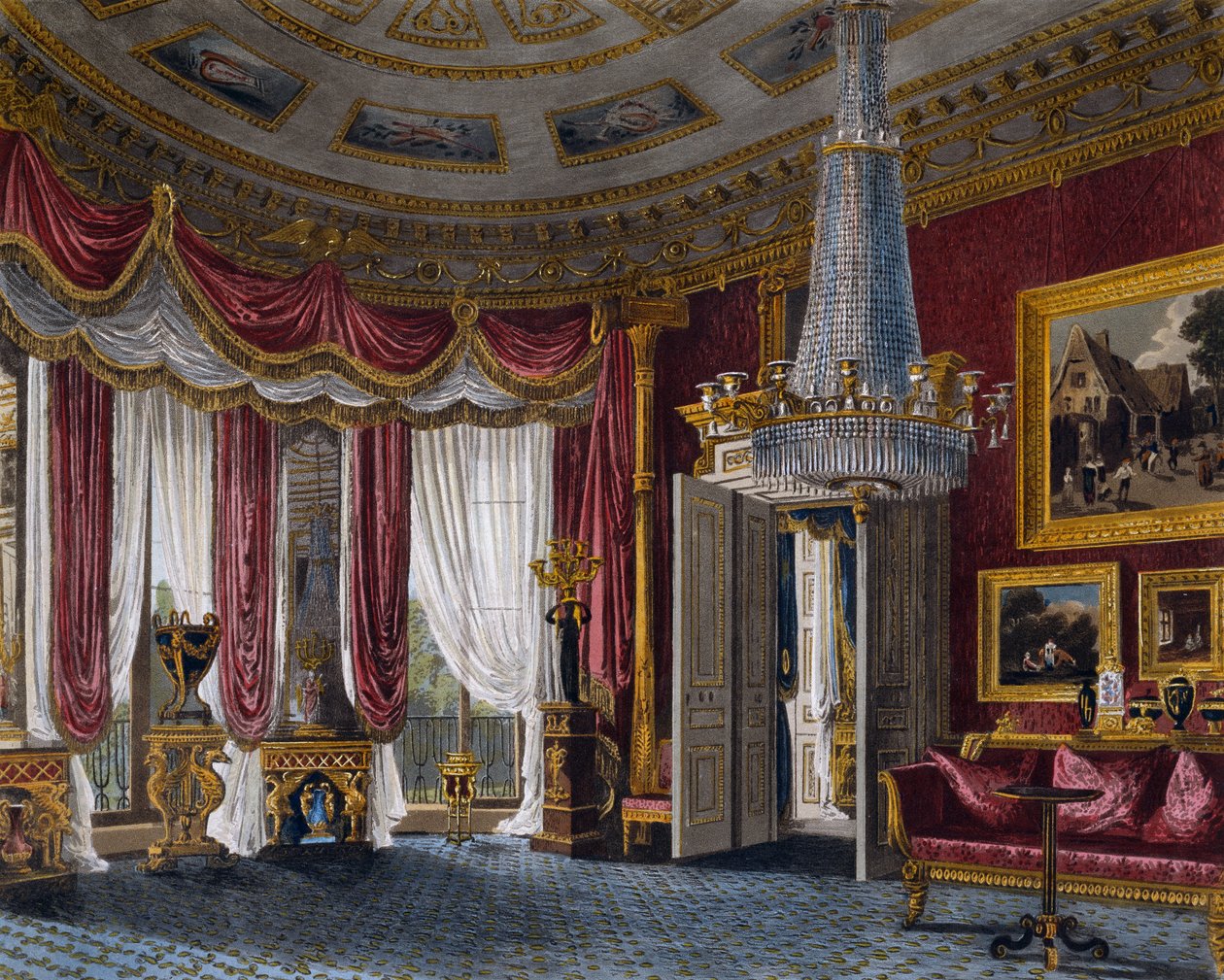 Rosa satengstue, gravering av Richard Reeve (født i 1780), Basert på design av Charles Wild (1781-1835), Fra The History of the Royal Residences av Charles (after) Wild