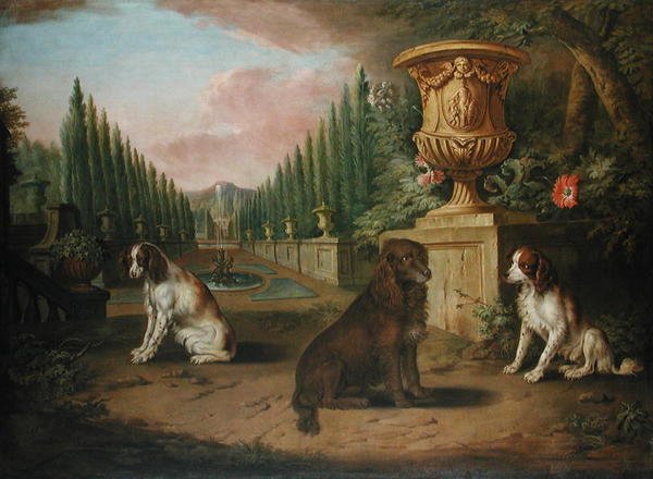 Tre spaniels i en formell hage, ca. 1730 (olje på lerret) av Charles (and Studio) Collins