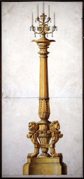 Design for en nyklassisk kandelaber, ca. 1820 (penn og blekk med akvarell på papir) av Charles (attr. to) Percier