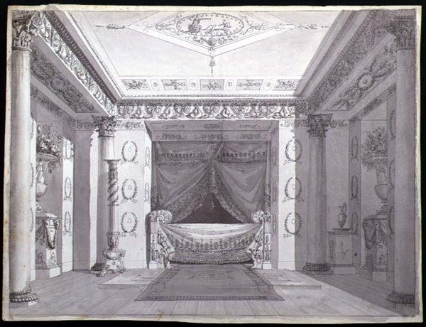 Design for et Empire-soverom, ca. 1810 (penn og blekk og akvarell på papir) av Charles (attr. to) Percier